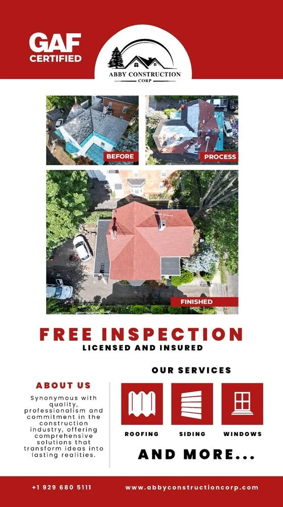 Top-rated residential roofing service with free inspection in Flushing, NY by Abby Construction