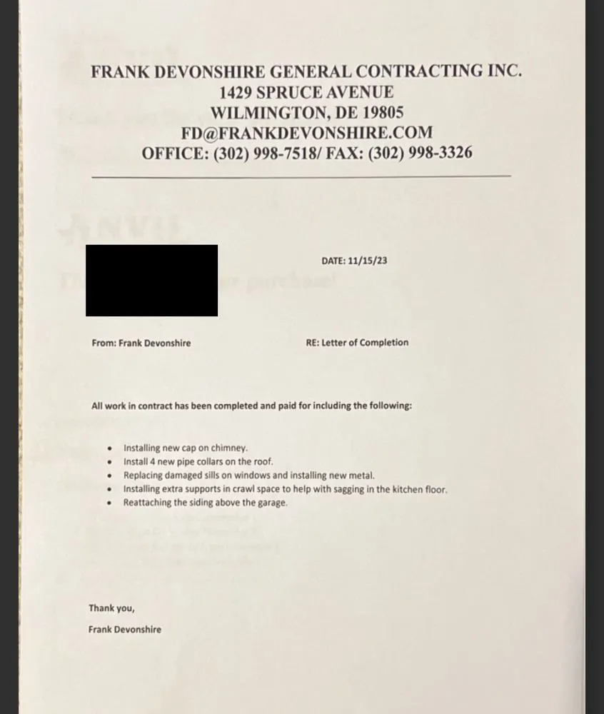 Slide of Frank J. Devonshire General Contracting