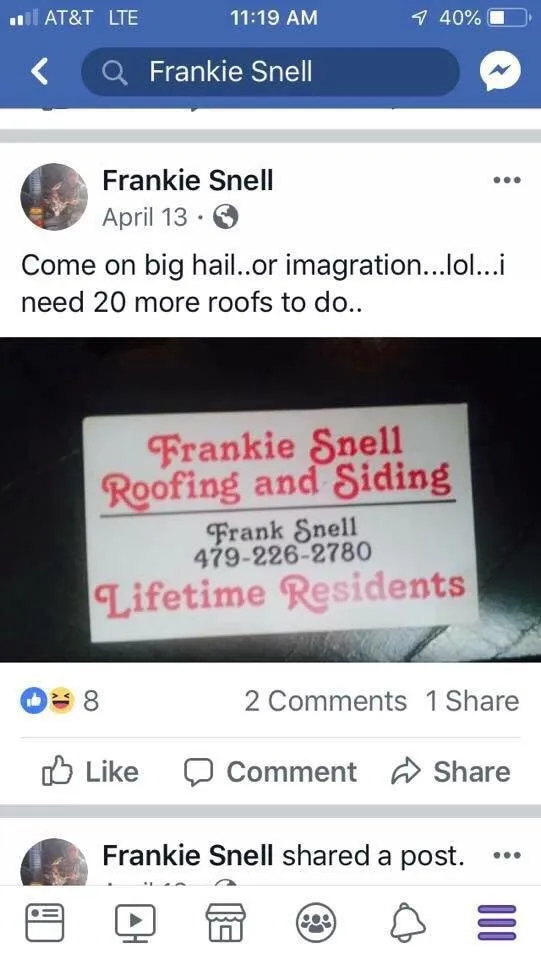 Slide of Frankie Snell Roofing and siding