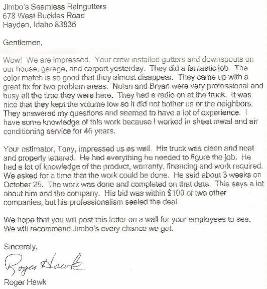 Slide of Jimbo's Seamless Raingutters Siding & Roofing