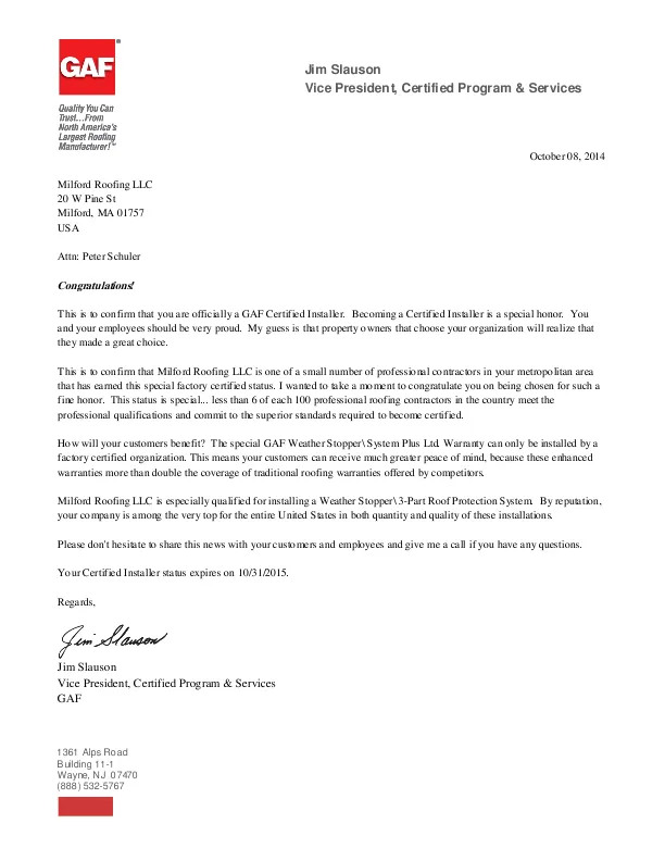 Slide of Milford Roofing