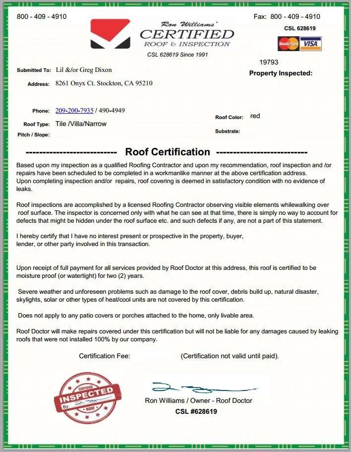 Slide of Ron Williams' Certified Roof & Inspection